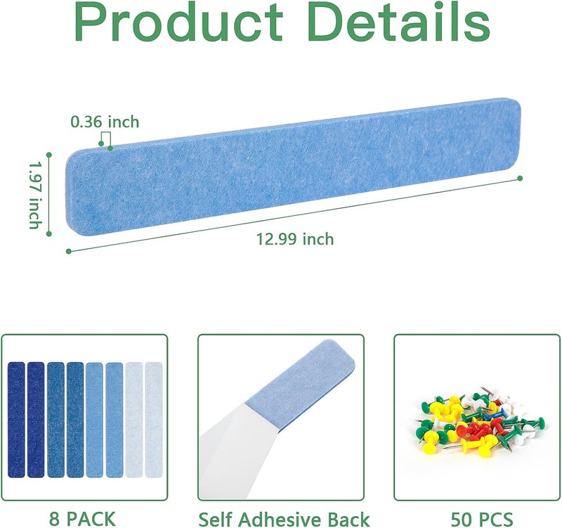 Arlasuo 8 Pcs Felt Pin Board Bar Strips Bulletin Board for Bedrooms Offices Home Wall Decoration, Notice Board Self Adhesive Cork Board with 50 Push Pins for Paste Notes, Photos, Schedules (Multi-Blue) - Image 2